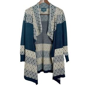 Lovemarks Womens Navy Blue Tan Geometric Diamond Open Front Cardigan Sweater M‎